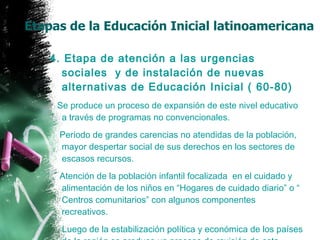 Etapas de la Educación Inicial latinoamericana 4. Etapa de atención a las urgencias sociales  y de instalación de nuevas alternativas de Educación Inicial ( 60-80) Se produce un proceso de expansión de este nivel educativo a través de programas no convencionales. Periodo de grandes carencias no atendidas de la población, mayor despertar social de sus derechos en los sectores de escasos recursos.  Atención de la población infantil focalizada  en el cuidado y alimentación de los niños en “Hogares de cuidado diario” o “ Centros comunitarios” con algunos componentes recreativos. Luego de la estabilización política y económica de los países de la región se produce un proceso de revisión de esta atención. 