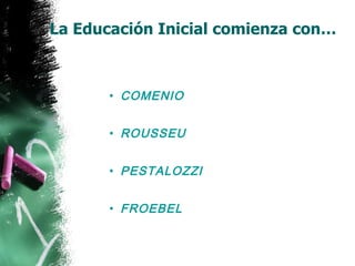 La Educación Inicial comienza con… COMENIO ROUSSEU PESTALOZZI FROEBEL 