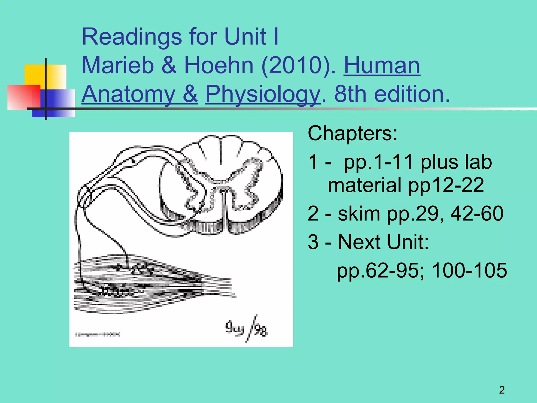 Chapters: 1 -  pp.1-11 plus lab material pp12-22 2 - skim pp.29, 42-60 3 - Next Unit: pp.62-95; 100-105 Readings for Unit I Marieb & Hoehn (2010).  Human Anatomy &   Physiology . 8th edition. 