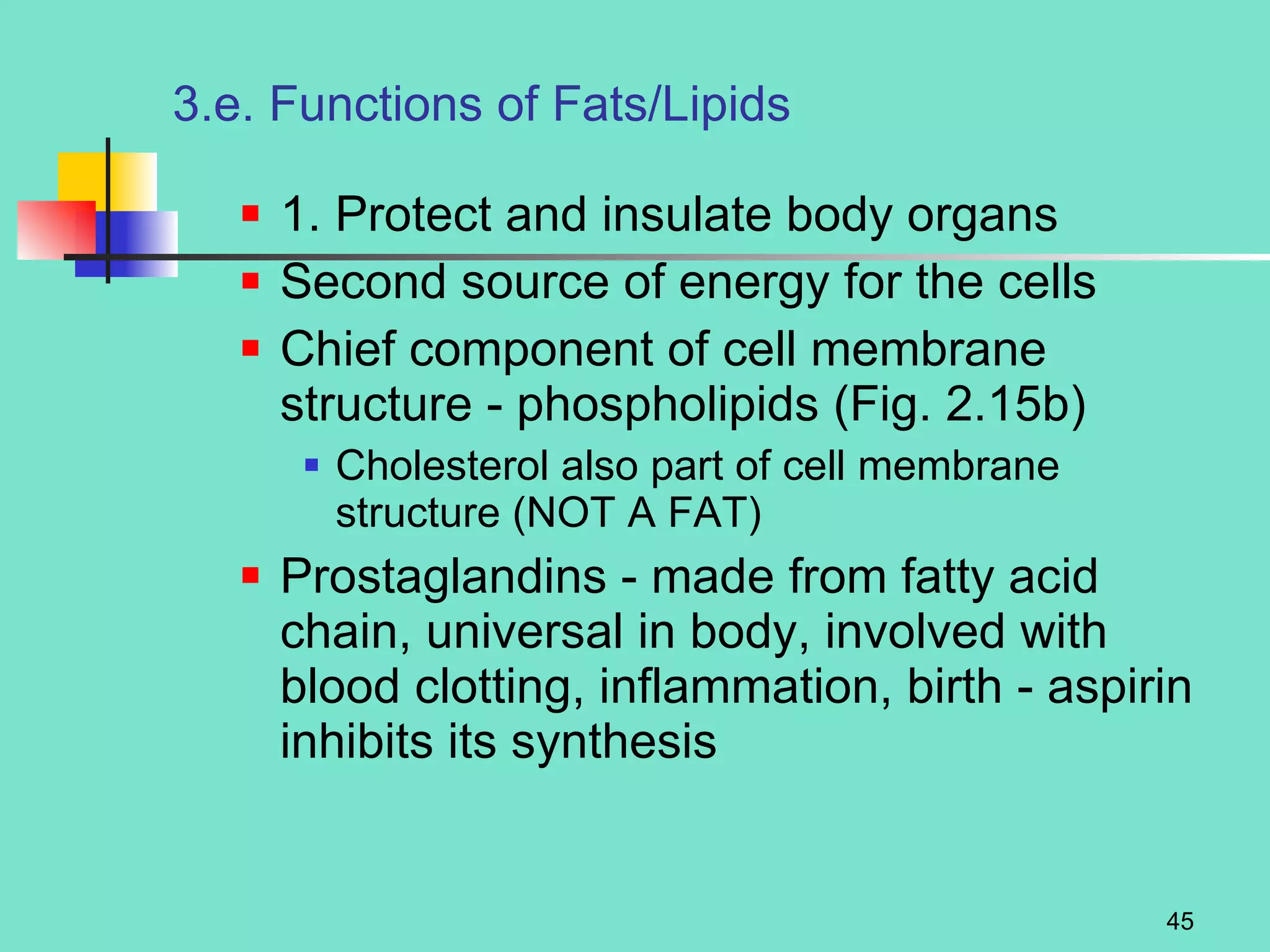3.e. Functions of Fats/Lipids 1. Protect and insulate body organs Second source of energy for the cells Chief component of cell membrane structure - phospholipids (Fig. 2.15b) Cholesterol also part of cell membrane structure (NOT A FAT) Prostaglandins - made from fatty acid chain, universal in body, involved with blood clotting, inflammation, birth - aspirin inhibits its synthesis 