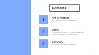 Contents
2
API Versioning
Configure application to enable multiple API
versions deployed at the same time
Demo
Best practices and possible cases
Summary of what we’ve learned
Summary
1
2
3
 