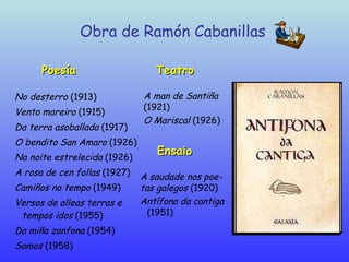 Obra de Ramón Cabanillas A saudade nos poe- tas galegos  (1920) Antífona da cantiga   (1951)‏ A man de Santiña   (1921)‏ O...