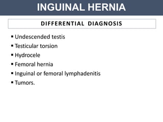 INGUINAL HERNIA
DIFFERENTIAL DIAGNOSIS
 Undescended testis
 Testicular torsion
 Hydrocele
 Femoral hernia
 Inguinal or femoral lymphadenitis
 Tumors.
 