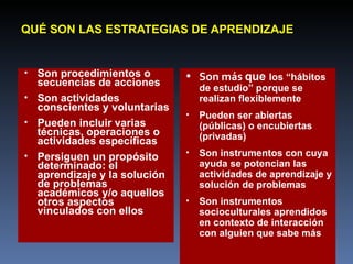 QUÉ SON LAS ESTRATEGIAS DE APRENDIZAJE Son procedimientos o secuencias de acciones Son actividades conscientes y voluntarias Pueden incluir varias técnicas, operaciones o actividades específicas Persiguen un propósito determinado: el aprendizaje y la solución de problemas académicos y/o aquellos otros aspectos vinculados con ellos Son más  que  los “hábitos de estudio” porque se realizan flexiblemente Pueden ser abiertas (públicas) o encubiertas (privadas) Son instrumentos con cuya ayuda se potencian las actividades de aprendizaje y solución de problemas  Son instrumentos socioculturales aprendidos en contexto de interacción con alguien que sabe más  