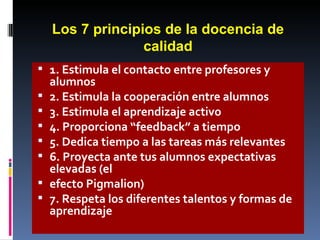 Los 7 principios de la docencia de calidad 1. Estimula el contacto entre profesores y alumnos 2. Estimula la cooperación entre alumnos 3. Estimula el aprendizaje activo 4. Proporciona “feedback” a tiempo 5. Dedica tiempo a las tareas más relevantes 6. Proyecta ante tus alumnos expectativas elevadas (el efecto Pigmalion) 7. Respeta los diferentes talentos y formas de aprendizaje 