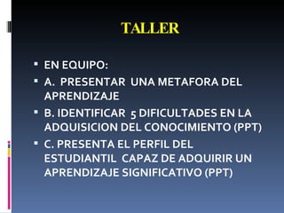 TALLER EN EQUIPO: A.  PRESENTAR  UNA METAFORA DEL APRENDIZAJE B. IDENTIFICAR  5 DIFICULTADES EN LA  ADQUISICION DEL CONOCIMIENTO (PPT) C. PRESENTA EL PERFIL DEL ESTUDIANTIL  CAPAZ DE ADQUIRIR UN APRENDIZAJE SIGNIFICATIVO (PPT) 