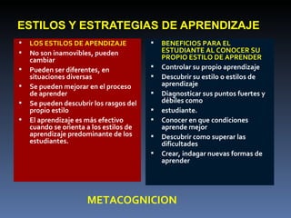 ESTILOS Y ESTRATEGIAS DE APRENDIZAJE LOS ESTILOS DE APENDIZAJE No son inamovibles, pueden cambiar Pueden ser diferentes, en situaciones diversas Se pueden mejorar en el proceso de aprender Se pueden descubrir los rasgos del propio estilo El aprendizaje es más efectivo cuando se orienta a los estilos de aprendizaje predominante de los estudiantes. BENEFICIOS PARA EL ESTUDIANTE AL CONOCER SU PROPIO ESTILO DE APRENDER Controlar su propio aprendizaje Descubrir su estilo o estilos de aprendizaje Diagnosticar sus puntos fuertes y débiles como estudiante. Conocer en que condiciones aprende mejor Descubrir como superar las dificultades Crear, indagar nuevas formas de aprender METACOGNICION 