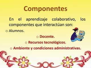 Componentes
En el aprendizaje colaborativo, los
componentes que interactúan son:
o Alumnos.
o Docente.
o Recursos tecnológicos.
o Ambiente y condiciones administrativas.
 