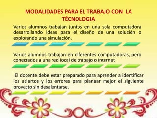 Varios alumnos trabajan juntos en una sola computadora
desarrollando ideas para el diseño de una solución o
explorando una simulación.
Varios alumnos trabajan en diferentes computadoras, pero
conectados a una red local de trabajo o internet
El docente debe estar preparado para aprender a identificar
los aciertos y los errores para planear mejor el siguiente
proyecto sin desalentarse.
MODALIDADES PARA EL TRABAJO CON LA
TÉCNOLOGIA
 