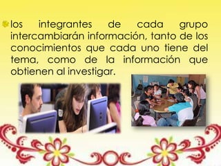 los integrantes de cada grupo
intercambiarán información, tanto de los
conocimientos que cada uno tiene del
tema, como de la información que
obtienen al investigar.
 