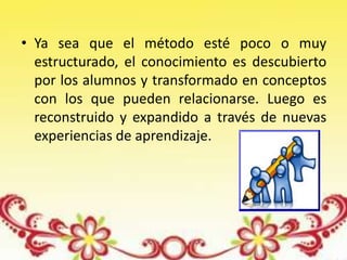 • Ya sea que el método esté poco o muy
estructurado, el conocimiento es descubierto
por los alumnos y transformado en conceptos
con los que pueden relacionarse. Luego es
reconstruido y expandido a través de nuevas
experiencias de aprendizaje.
 