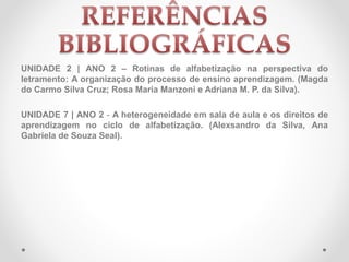 UNIDADE 2 | ANO 2 – Rotinas de alfabetização na perspectiva do
letramento: A organização do processo de ensino aprendizagem. (Magda
do Carmo Silva Cruz; Rosa Maria Manzoni e Adriana M. P. da Silva).
UNIDADE 7 | ANO 2 - A heterogeneidade em sala de aula e os direitos de
aprendizagem no ciclo de alfabetização. (Alexsandro da Silva, Ana
Gabriela de Souza Seal).
 