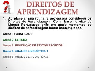 1. Ao planejar sua rotina, a professora considerou os
Direitos de Aprendizagem. Com base no eixo de
Língua Portuguesa grife em quais momentos os
direitos de aprendizagem foram contemplados.
Grupo 1: ORALIDADE
Grupo 2: LEITURA
Grupo 3: PRODUÇÃO DE TEXTOS ESCRITOS
Grupo 4: ANÁLISE LINGUÍSTICA 1
Grupo 5: ANÁLISE LINGUÍSTICA 2
 