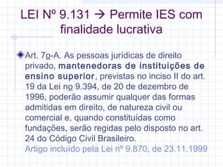 LEI Nº 9.131  Permite IES com
finalidade lucrativa
Art. 7o-A. As pessoas jurídicas de direito
privado, mantenedoras de instituições de
ensino superior, previstas no inciso II do art.
19 da Lei no 9.394, de 20 de dezembro de
1996, poderão assumir qualquer das formas
admitidas em direito, de natureza civil ou
comercial e, quando constituídas como
fundações, serão regidas pelo disposto no art.
24 do Código Civil Brasileiro.
Artigo incluído pela Lei nº 9.870, de 23.11.1999

 