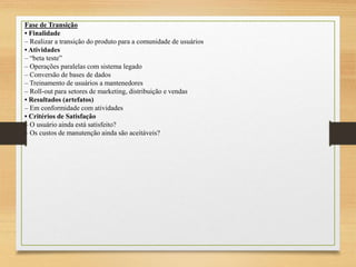 Fase de Transição
• Finalidade
– Realizar a transição do produto para a comunidade de usuários
• Atividades
– “beta teste”
– Operações paralelas com sistema legado
– Conversão de bases de dados
– Treinamento de usuários a mantenedores
– Roll-out para setores de marketing, distribuição e vendas
• Resultados (artefatos)
– Em conformidade com atividades
• Critérios de Satisfação
– O usuário ainda está satisfeito?
– Os custos de manutenção ainda são aceitáveis?
 