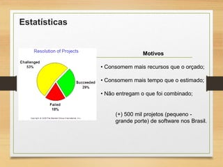 Estatísticas
Motivos
• Consomem mais recursos que o orçado;
• Consomem mais tempo que o estimado;
• Não entregam o que foi combinado;
(+) 500 mil projetos (pequeno -
grande porte) de software nos Brasil.
 