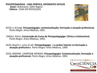 PSICOPEDAGOGIA - UMA PRÁTICA, DIFERENTES ESTILOSAutor: Rubinstein, Edith Regina Editora : CASA DO PSICOLOGOSCOZ,J.L.B.(org). Psicopedagogia: contextualização, formação e atuação profissional. Porto Alegre: Artes Médicas, 1991.  FAGALI, Eloisa. Construção do Curso de Psicopedagogiga: Clínica e Institucional. Porto Alegre: Artes Médicas, 1992.SCOZ, Beatriz J. Lima etalli. Psicopedagogia – o caráter interior na formação e atuação profissional. Porto Alegre: Artes Médicas, 1990.SCOZ. BARONE. CAMPOS& MENDES. Psicopedagogia: Contextualização, formação e atuação profissional.Porto Alegre: Artes Médicas. 2001. 