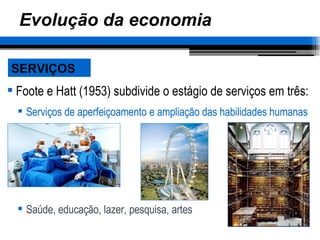 Evolução da economia Foote e Hatt (1953) subdivide o estágio de serviços em três: Serviços de aperfeiçoamento e ampliação das habilidades humanas Saúde, educação, lazer, pesquisa, artes SERVIÇOS 