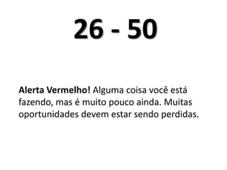 26 - 50	Alerta Vermelho! Alguma coisa você está fazendo, mas é muito pouco ainda. Muitas oportunidades devem estar sendo perdidas.