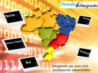 Norte
Centro-Oeste
Nordeste
Sudeste
Sul
Chegando em 240.000Chegando em 240.000
professores capacitadosprofessores capacitados
 
