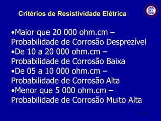 Critérios de Resistividade Elétrica
•Maior que 20 000 ohm.cm –
Probabilidade de Corrosão Desprezível
•De 10 a 20 000 ohm.cm –
Probabilidade de Corrosão Baixa
•De 05 a 10 000 ohm.cm –
Probabilidade de Corrosão Alta
•Menor que 5 000 ohm.cm –
Probabilidade de Corrosão Muito Alta
106
 