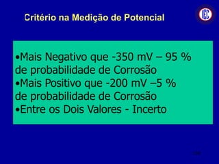 Critério na Medição de Potencial
•Mais Negativo que -350 mV – 95 %
de probabilidade de Corrosão
•Mais Positivo que -200 mV –5 %
de probabilidade de Corrosão
•Entre os Dois Valores - Incerto
108
 