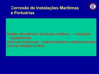 Corrosão de Instalações Marítimas
e Portuárias
Regiões Atmosféricas: Estruturas metálicas - – tubulações
– equipamentos
Estruturas Submersas – estacas tubulares e estacas pranchas
Zona de Variação de Nível
110
 