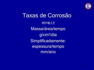 Taxas de Corrosão
m=e.i.t
Massa/área/tempo
g/cm2/dia
Simplificadamente:
espessura/tempo
mm/ano
69
 