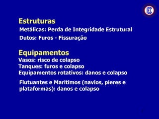 Estruturas
Metálicas: Perda de Integridade Estrutural
Dutos: Furos - Fissuração
Equipamentos
Vasos: risco de colapso
Tanques: furos e colapso
Equipamentos rotativos: danos e colapso
Flutuantes e Marítimos (navios, píeres e
plataformas): danos e colapso
7
 