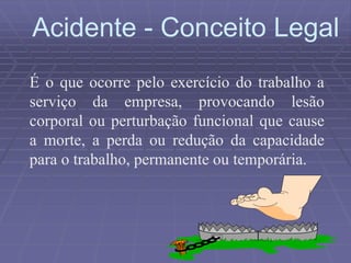 Acidente - Conceito Legal
É o que ocorre pelo exercício do trabalho a
serviço da empresa, provocando lesão
corporal ou perturbação funcional que cause
a morte, a perda ou redução da capacidade
para o trabalho, permanente ou temporária.
 