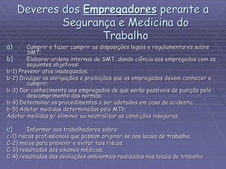 Deveres dos Empregadores perante a
Segurança e Medicina do
Trabalho
a) Cumprir e fazer cumprir as disposições legais e regulamentares sobre
SMT;
b) Elaborar ordens internas de SMT, dando ciência aos empregados com os
seguintes objetivos:
b-1) Prevenir atos inadequados;
b-2) Divulgar as obrigações e proibições que os empregados devem conhecer e
cumprir;
b-3) Dar conhecimento aos empregados de que serão passíveis de punição pelo
descumprimento das normas;
b-4) Determinar os procedimentos a ser adotados em caso de acidente;
b-5) Adotar medidas determinadas pelo MTb;
Adotar medidas p/ eliminar ou neutralizar as condições inseguras;
c) Informar aos trabalhadores sobre;
c-1) riscos profissionais que possam originar-se nos locais de trabalho;
C-2) meios para prevenir e evitar tais riscos;
C-3) resultados dos exames médicos;
C-4) resultados das avaliações ambientais realizadas nos locais de trabalho
 