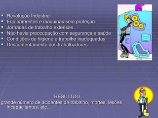  Revolução Industrial
 Equipamentos e máquinas sem proteção
 Jornadas de trabalho extensas
 Não havia preocupação com segurança e saúde
 Condições de higiene e trabalho inadequadas
 Descontentamento dos trabalhadores
RESULTOU...
grande número de acidentes de trabalho, mortes, lesões
incapacitantes, etc...
 