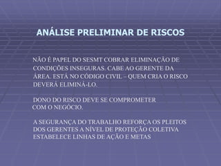 ANÁLISE PRELIMINAR DE RISCOS
NÃO É PAPEL DO SESMT COBRAR ELIMINAÇÃO DE
CONDIÇÕES INSEGURAS. CABE AO GERENTE DA
ÁREA. ESTÁ NO CÓDIGO CIVIL – QUEM CRIA O RISCO
DEVERÁ ELIMINÁ-LO.
DONO DO RISCO DEVE SE COMPROMETER
COM O NEGÓCIO.
A SEGURANÇA DO TRABALHO REFORÇA OS PLEITOS
DOS GERENTES A NÍVEL DE PROTEÇÃO COLETIVA
ESTABELECE LINHAS DE AÇÃO E METAS
 