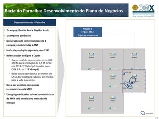 Bacia do Parnaíba: Desenvolvimento do Plano de Negócios

      Desenvolvimento - Parnaíba

                                                  Projeto 1
2 campos (Gavião Real e Gavião Azul)             1º gás: 2S12
1 complexo produtivo                         23 poços produtores

Declarações de comercialidade de 2
campos já submetidas à ANP
Início da produção esperado para 2S12
Baixos custos de Opex e Capex
    Capex total de aproximadamente US$
    450 M para produção de 5,7 M m³pd
    em 2013 (2,7 M m³pd líquidos para
    OGX S.A. ou ~15 kboepd)
    Baixo custo operacional de menos de
    US$0,30/1.000 pés cúbicos, em média,
    para a vida do campo
Gás a ser vendido para usinas
termoelétricas da MPX
Energia gerada pelas usinas termoelétricas
da MPX será vendida no mercado de
energia


                                                                   Ilustrativo

                                                                                 21
 