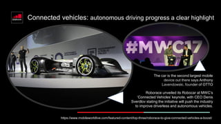 Connected vehicles: autonomous driving progress a clear highlight
Roborace unveiled its Robocar at MWC’s
‘Connected Vehicles’ keynote, with CEO Denis
Sverdlov stating the initiative will push the industry
to improve driverless and autonomous vehicles.
https://www.mobileworldlive.com/featured-content/top-three/roborace-to-give-connected-vehicles-a-boost/
The car is the second largest mobile
device out there says Anthony
Lavendowski, founder of OTTO
 