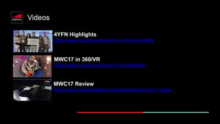 MWC17 Review
https://www.mobileworldlive.com/videos/feature-mwc17-review
MWC17 in 360/VR
https://www.youtube.com/watch?v=pJI994sWlyo
Videos
4YFN Highlights
https://www.youtube.com/watch?v=xXWngYvJhQM&
 