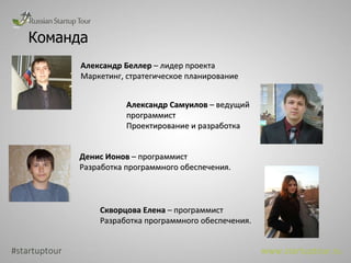 Команда #startuptour www.startuptour.ru Александр Беллер  – лидер проекта Маркетинг, стратегическое планирование Александр Самуилов  – ведущий программист  Проектирование и разработка  Денис Ионов  – программист  Разработка программного обеспечения. Скворцова Елена  – программист  Разработка программного обеспечения. 
