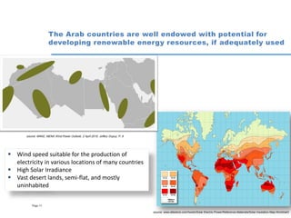 Page 11
The Arab countries are well endowed with potential for
developing renewable energy resources, if adequately used
source: www.altestore.com/howto/Solar-Electric-Power/Reference-Materials/Solar-Insolation-Map-World/a43
source: MAKE, MENA Wind Power Outlook, 2 April 2015, Joffery Dupuy, P. 8
 Wind speed suitable for the production of
electricity in various locations of many countries
 High Solar Irradiance
 Vast desert lands, semi-flat, and mostly
uninhabited
 