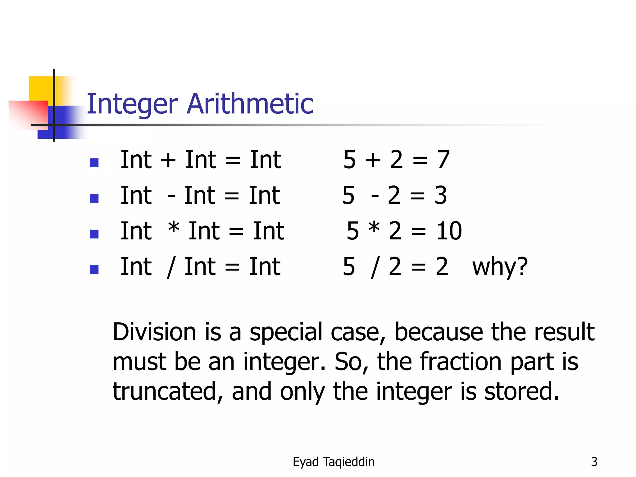 Integer Arithmetic





Int
Int
Int
Int

+ Int = Int
- Int = Int
* Int = Int
/ Int = Int

5+2=7
5 -2=3
5 * 2 = 10
5 / 2 = 2 why?

Division is a special case, because the result
must be an integer. So, the fraction part is
truncated, and only the integer is stored.
Eyad Taqieddin

3

 