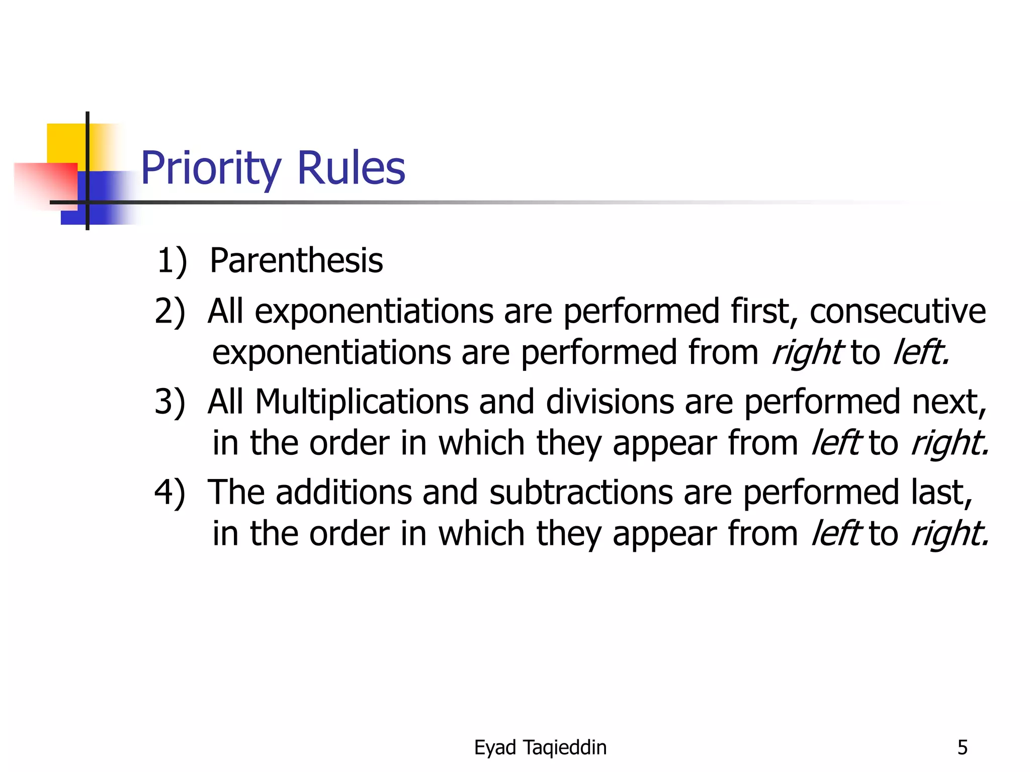 Priority Rules
1) Parenthesis
2) All exponentiations are performed first, consecutive
exponentiations are performed from right to left.
3) All Multiplications and divisions are performed next,
in the order in which they appear from left to right.
4) The additions and subtractions are performed last,
in the order in which they appear from left to right.

Eyad Taqieddin

5

 