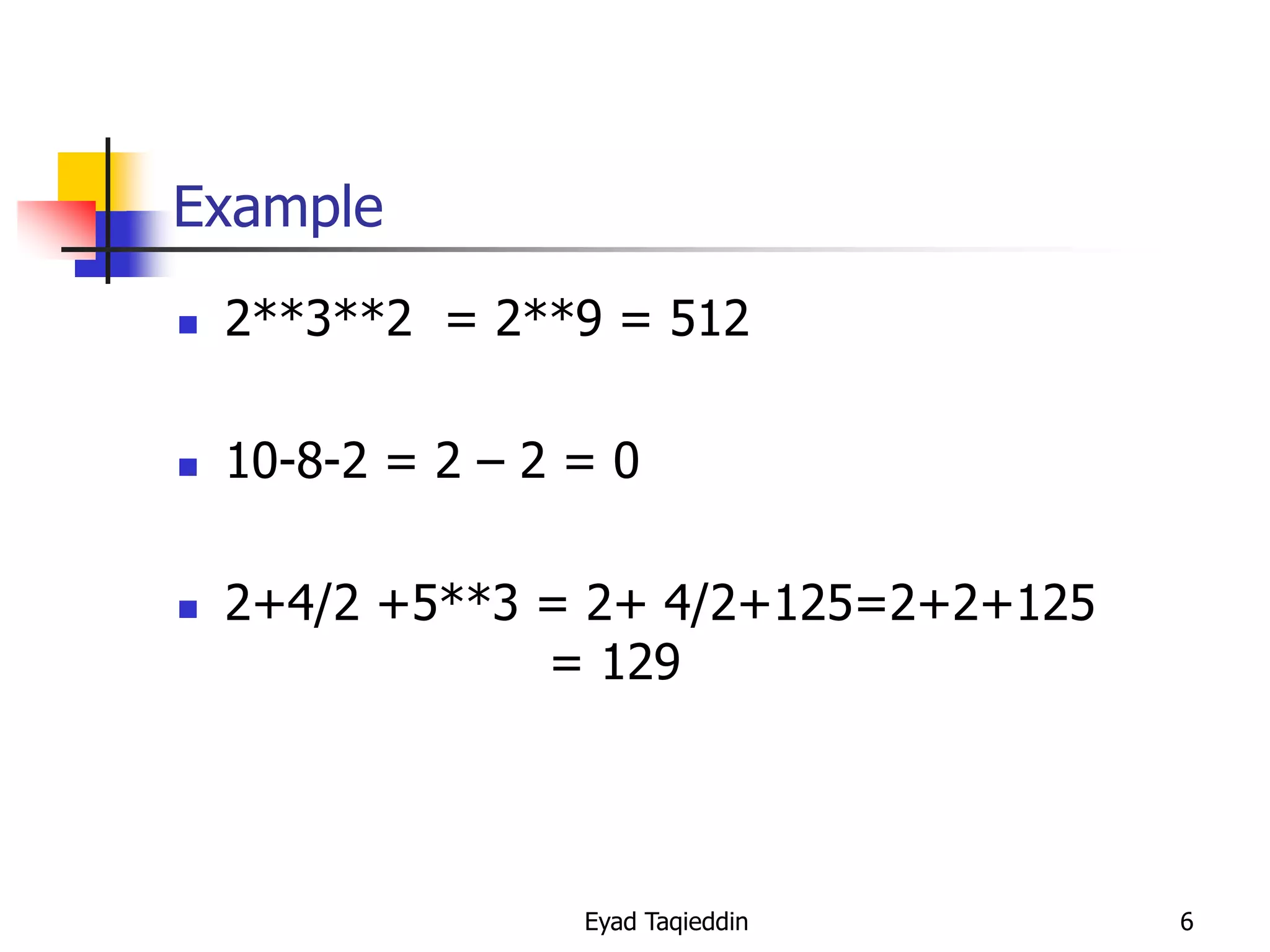 Example


2**3**2 = 2**9 = 512



10-8-2 = 2 – 2 = 0



2+4/2 +5**3 = 2+ 4/2+125=2+2+125
= 129

Eyad Taqieddin

6

 