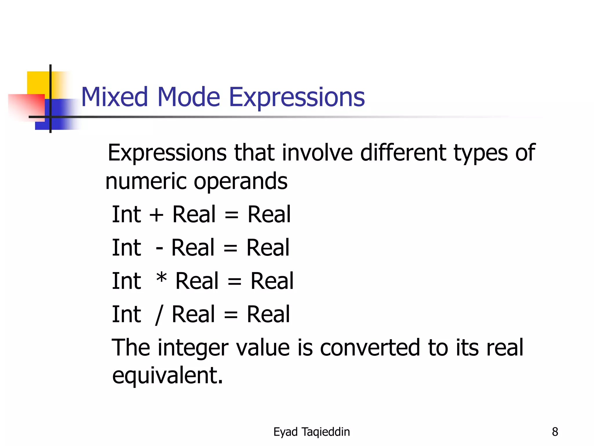 Mixed Mode Expressions
Expressions that involve different types of
numeric operands
Int + Real = Real
Int - Real = Real
Int * Real = Real
Int / Real = Real
The integer value is converted to its real
equivalent.
Eyad Taqieddin

8

 
