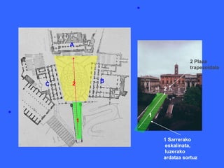 A

                              2 Plaza
                              trapezoidala


    2       B
C
                    2



                1
        1


                    1 Sarrerako
                    eskalinata,
                    luzerako
                    ardatza sortuz
 