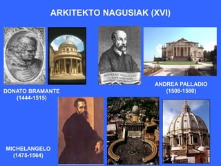 ARKITEKTO NAGUSIAK (XVI)




                                ANDREA PALLADIO
DONATO BRAMANTE                    (1508-1580)
   (1444-1515)




MICHELANGELO
  (1475-1564)
 
