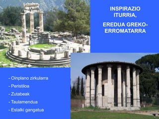 INSPIRAZIO
                            ITURRIA,
                        EREDUA GREKO-
                         ERROMATARRA




- Oinplano zirkularra
- Peristiloa
- Zutabeak
- Taulamendua
- Estalki gangatua
 