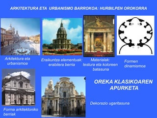 ARKITEKTURA ETA URBANISMO BARROKOA: HURBILPEN OROKORRA




Arkitektura eta       Eraikuntza elementuak:      Materialak:       Formen
 urbanismoa               erabilera berria   testura eta koloreen   dinamismoa
                                                   batasuna


                                                   OREKA KLASIKOAREN
                                                       APURKETA

                                                 Dekorazio ugaritasuna
Forma arkitektoniko
berriak
 