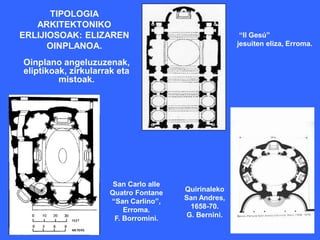 TIPOLOGIA
   ARKITEKTONIKO
ERLIJIOSOAK: ELIZAREN                                 “Il Gesú”
      OINPLANOA.                                     jesuiten eliza, Erroma.

Oinplano angeluzuzenak,
eliptikoak, zirkularrak eta
         mistoak.




                      San Carlo alle
                     Quatro Fontane    Quirinaleko
                     “San Carlino”,    San Andres,
                         Erroma.        1658-70.
                      F. Borromini.    G. Bernini.
 