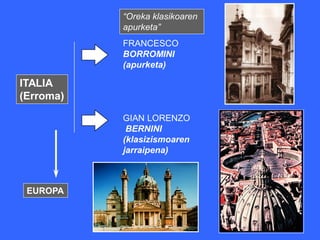 “Oreka klasikoaren
           apurketa”
           FRANCESCO
           BORROMINI
           (apurketa)

ITALIA
(Erroma)

           GIAN LORENZO
            BERNINI
           (klasizismoaren
           jarraipena)



 EUROPA
 