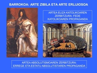 BARROKOA: ARTE ZIBILA ETA ARTE ERLIJIOSOA

                      ARTEA ELIZA KATOLIKOAREN
                          ZERBITZURA: FEDE
                      KATOLIKOAREN PROPAGANDA




       ARTEA ABSOLUTISMOAREN ZERBITZURA:
  ERREGE ETA ESTATU ABSOLUTISTAREN PROPAGANDA
 