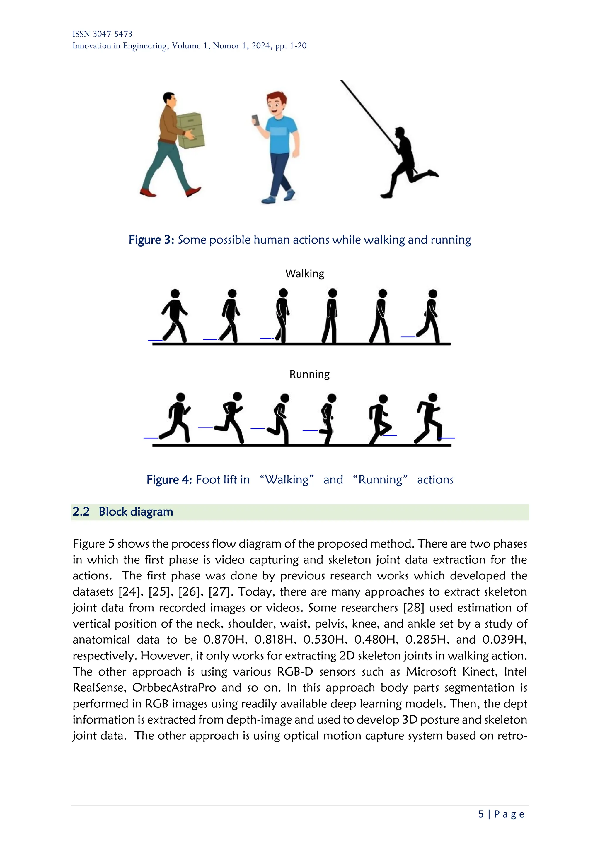 ISSN 3047-5473
Innovation in Engineering, Volume 1, Nomor 1, 2024, pp. 1-20
5 | P a g e
Figure 3: Some possible human actions while walking and running
Figure 4: Foot lift in “Walking” and “Running” actions
2.2 Block diagram
Figure 5 shows the process flow diagram of the proposed method. There are two phases
in which the first phase is video capturing and skeleton joint data extraction for the
actions. The first phase was done by previous research works which developed the
datasets [24], [25], [26], [27]. Today, there are many approaches to extract skeleton
joint data from recorded images or videos. Some researchers [28] used estimation of
vertical position of the neck, shoulder, waist, pelvis, knee, and ankle set by a study of
anatomical data to be 0.870H, 0.818H, 0.530H, 0.480H, 0.285H, and 0.039H,
respectively. However, it only works for extracting 2D skeleton joints in walking action.
The other approach is using various RGB-D sensors such as Microsoft Kinect, Intel
RealSense, OrbbecAstraPro and so on. In this approach body parts segmentation is
performed in RGB images using readily available deep learning models. Then, the dept
information is extracted from depth-image and used to develop 3D posture and skeleton
joint data. The other approach is using optical motion capture system based on retro-
Walking
Running
 